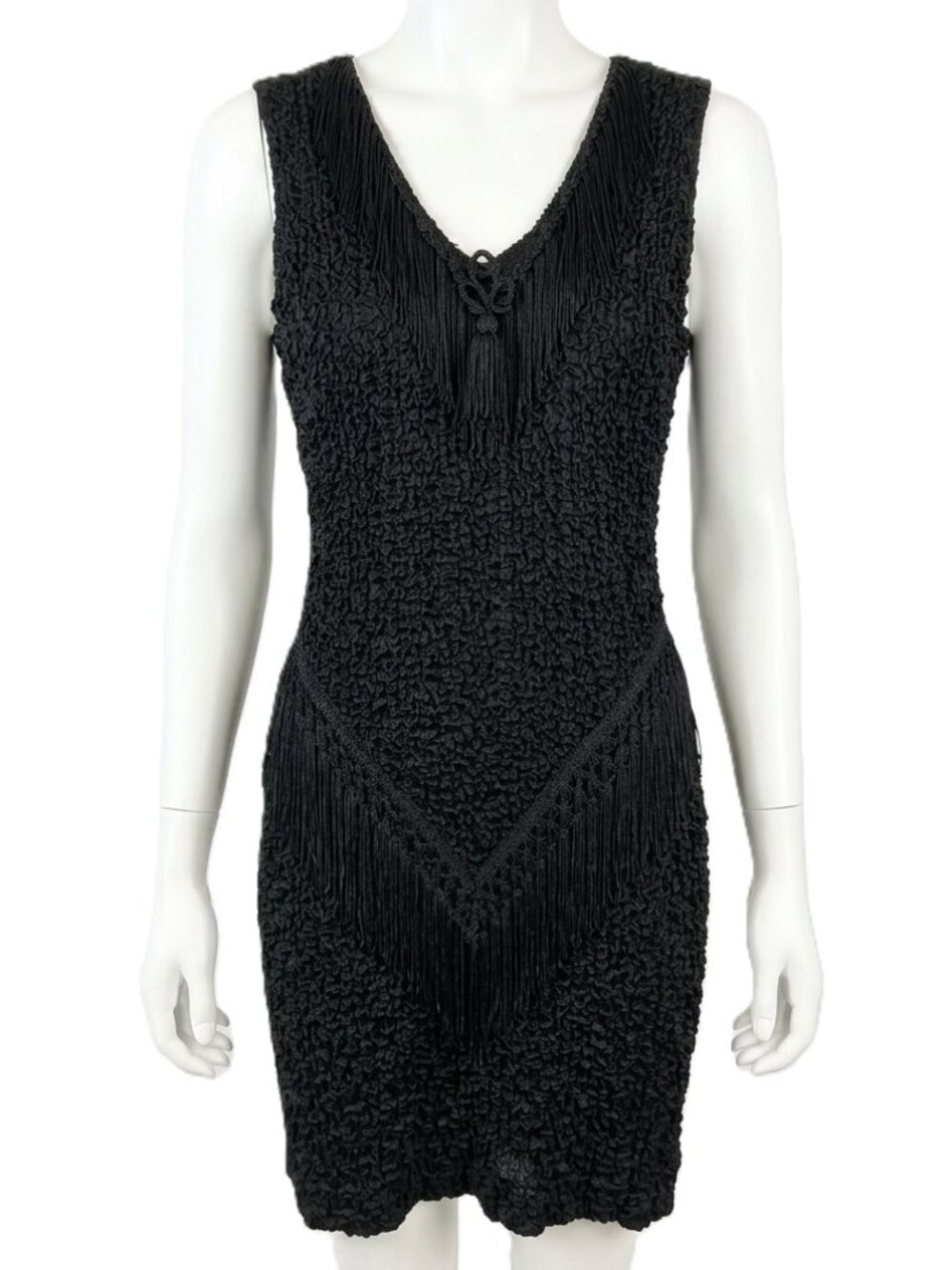 Vintage Black Textured Fringe Mini Dress 4-U Paris NY